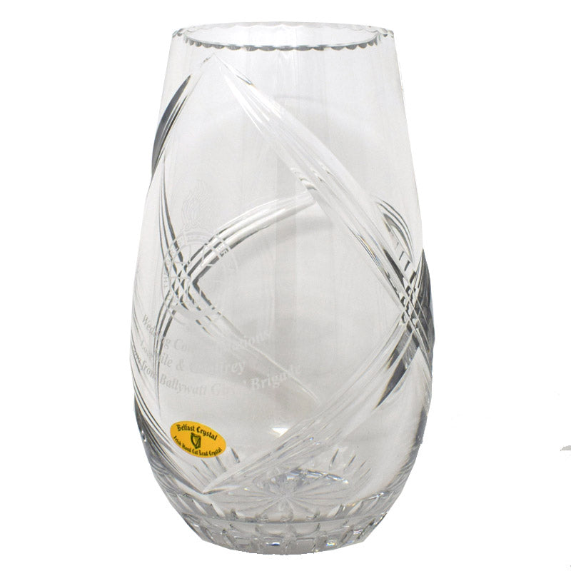 Engraved Belfast Crystal 10" Barrel Vase